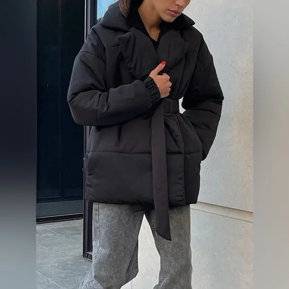 Classic Puffer Long Sleeve Winter Coat with Belt - Picture 3 of 12